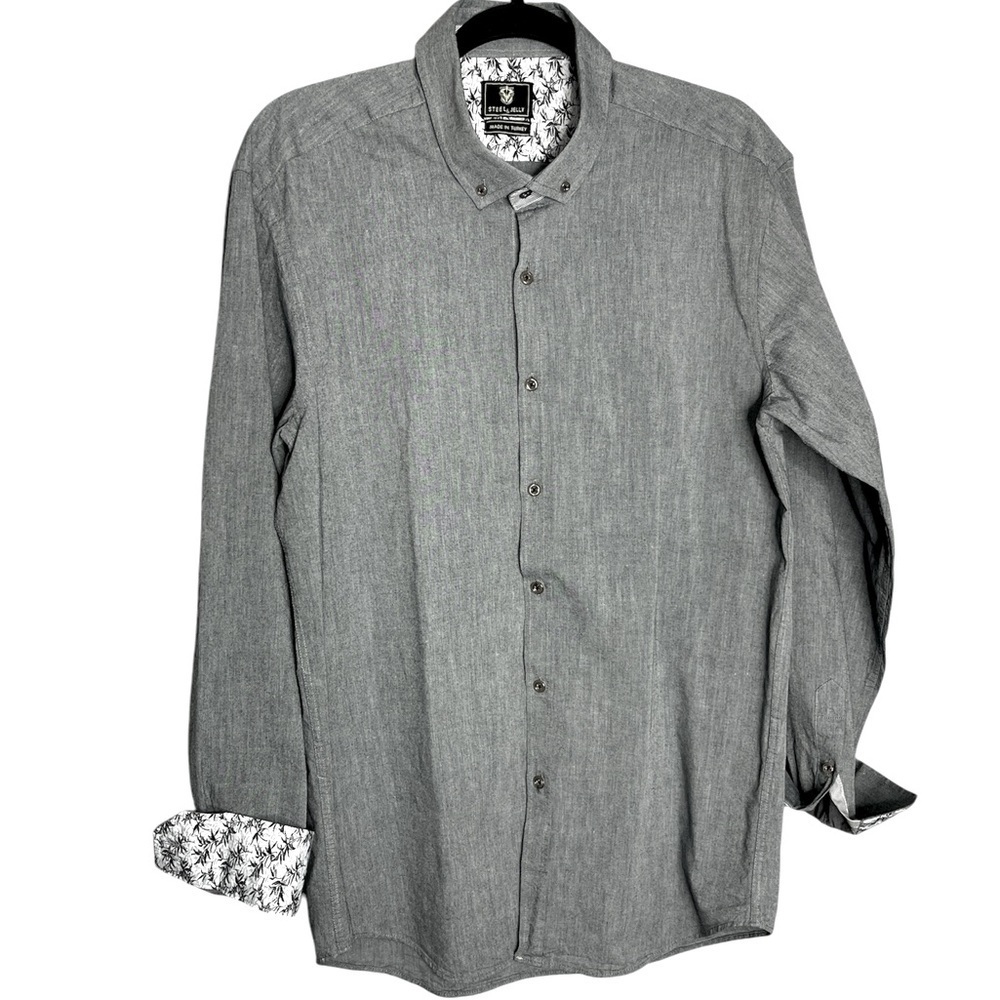Steel & Jelly Grey Contrasting Cuff Button Down Long Sleeve Dress Shirt, L
